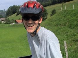 Olly still in remarkable good spirits despite coming off on the gravel just after Boltigen